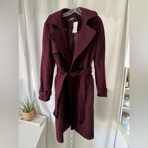 DKNY burgundy wine wool blend trench coat OFFERS WILL BE DECLINED - Picture 1 of 10